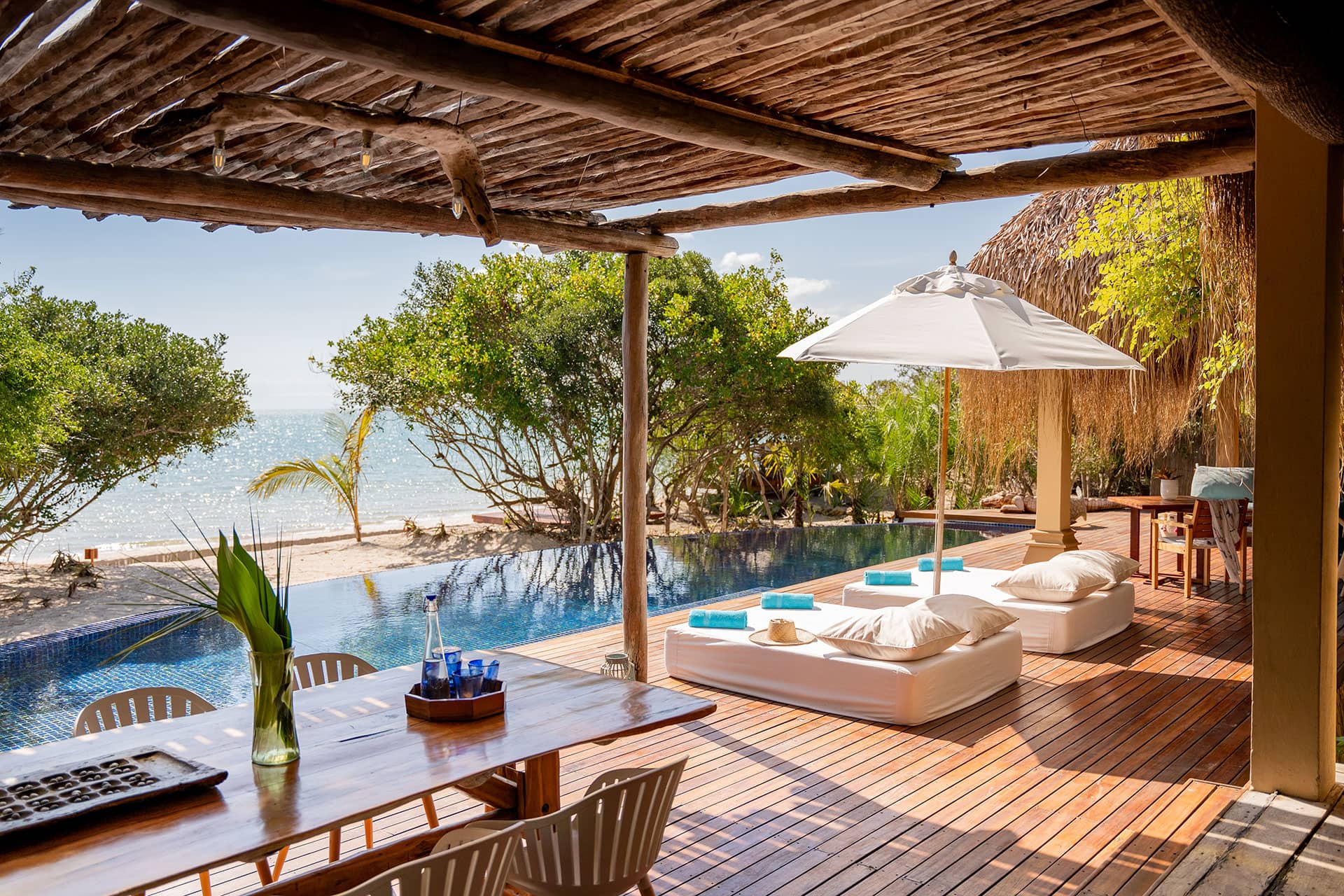 The villa outdoor deck area for guests at the luxury beach accommodation in Mozambique