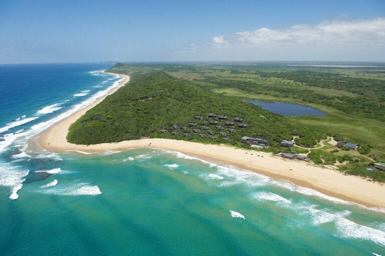 Aerial view of White Pearl Resorts in Mozambique and coastline around it
