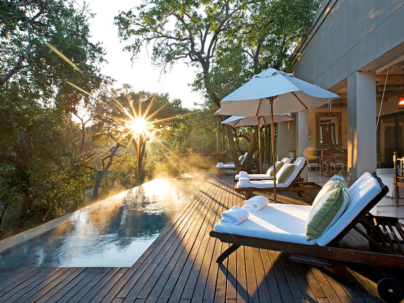 Outside pool and deck with sunbeds at Royal Malewane Lodge in Kruger National Park