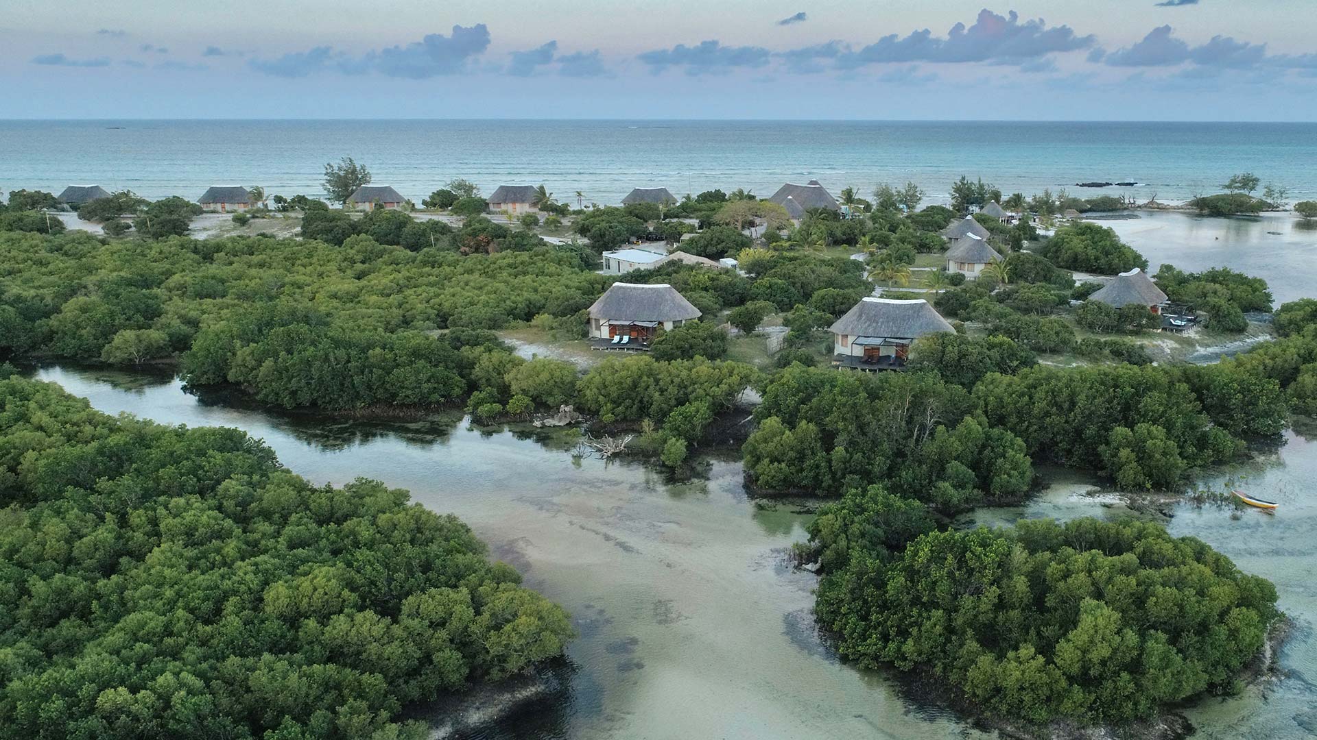 an aerial view of Coral Lodges in Mozambique