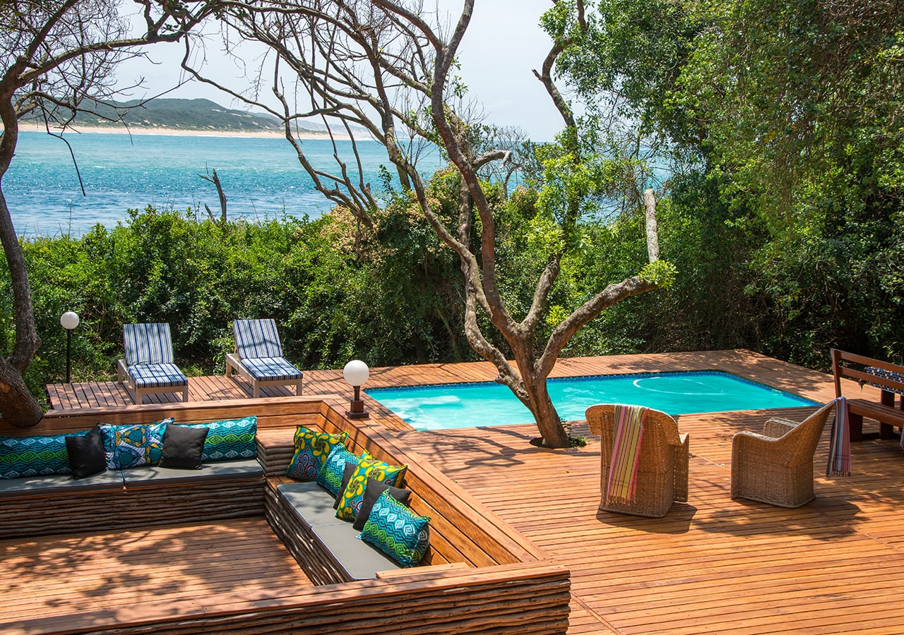 the pool and deck area at the lodge in Mozambique