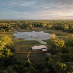 Aerial view of Chicari Camp overlooking the wildlife-rich Chicari Pan in Gorongosa National Park
