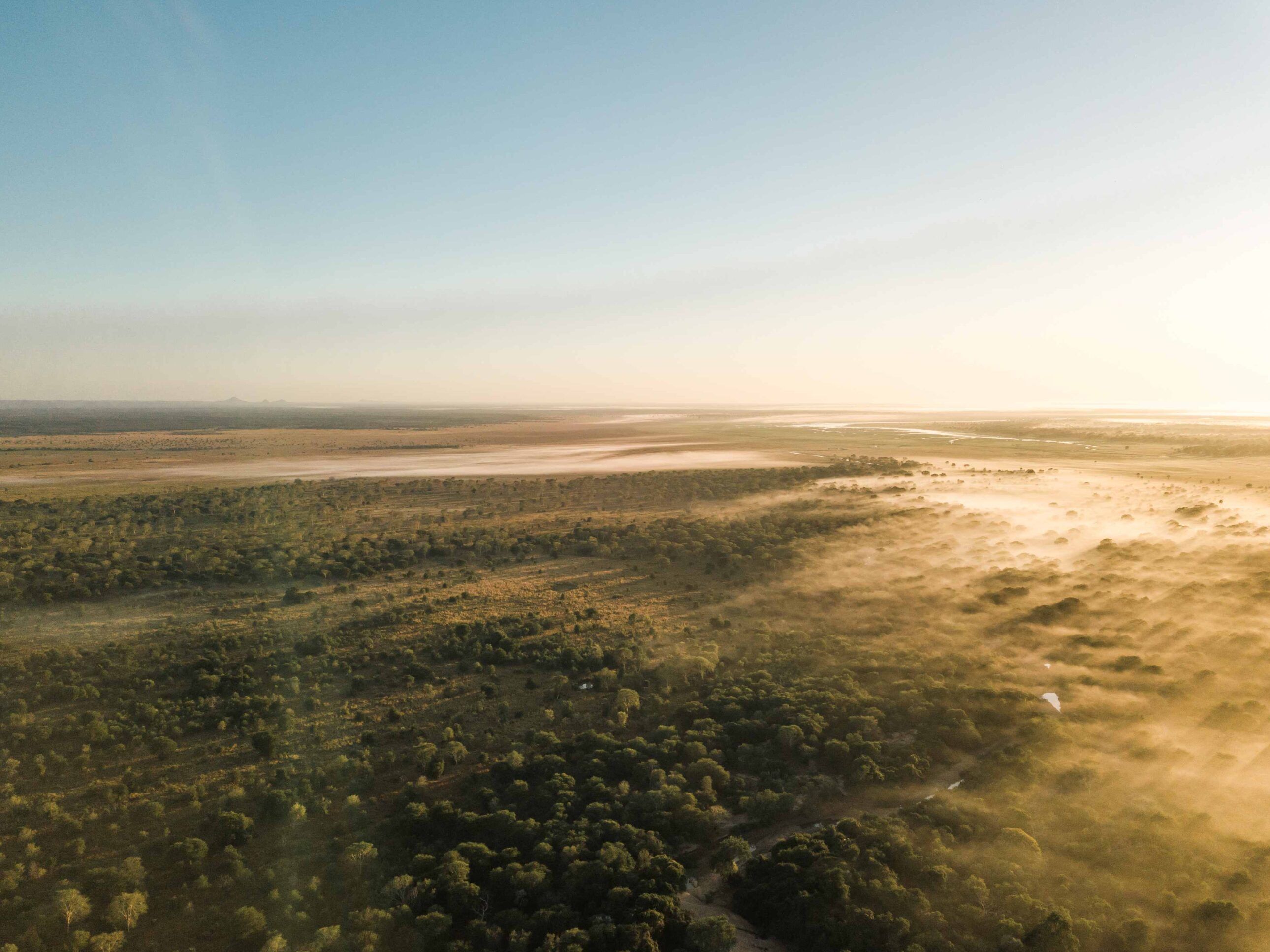Aerial sunrise over the floodplains and river systems of Gorongosa National Park