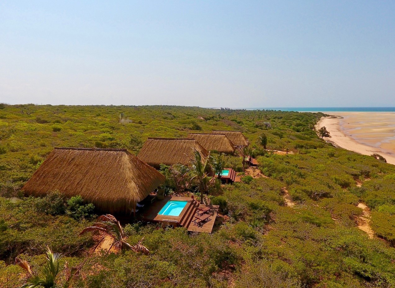 An aerial view of the lodges right on the beachfront of Mozambique