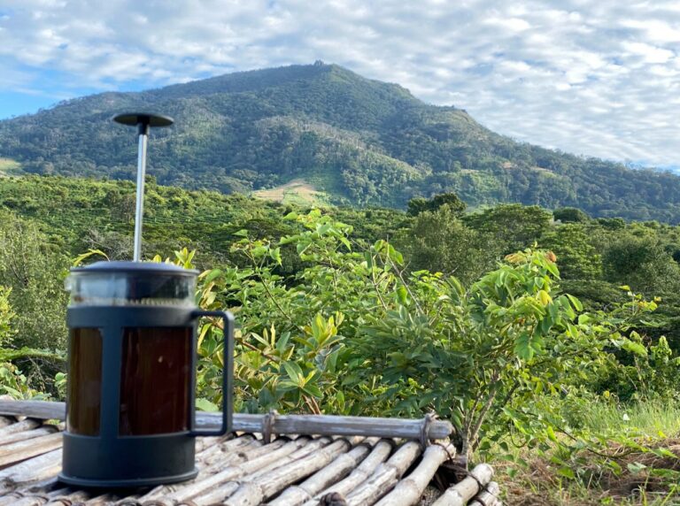 A locally brewed coffee with Mount Gorongosa in the distance